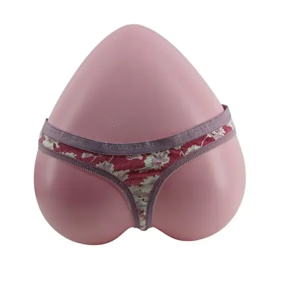 Vintage Victoria's Secret Signature Waistband Purple White Floral Cotton Thong L - Picture 3 of 4